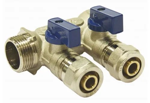Коллектор СТМ распределительный, с шаровыми кранами, для металлопластиковых труб, из латуни, серый, вход 3/4дюйма, 2 присоединения, 10бар / водоснабжение