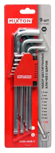 Набор ключей MIXTON / Микстон шестигранных длинных с шаром, из хромованадиевой стали, размер 1.5-10мм, 9шт. / инструменты