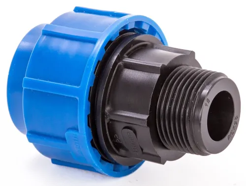 Муфта компрессионная Lammin / Ламмин переходная, для ПНД труб, с наружной резьбой, из полипропилена, синяя, диаметр подключения 25мм, резьба 1дюйм / фитинги