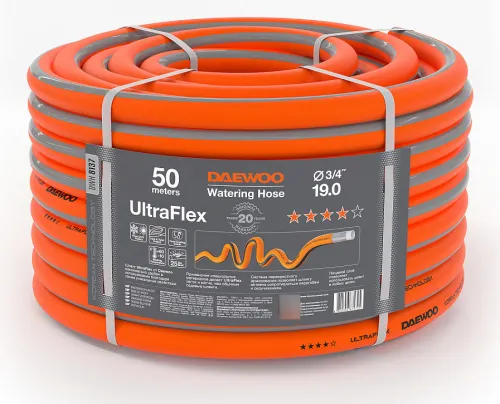 Шланг поливочный DAEWOO / Дэу UltraFlex армированный, из ПВХ, диаметр 3/4дюйма, 50м / все для сада
