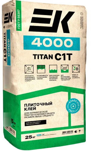 Клей ЕК 4000 Titan для плитки и керамогранита, на основе цемента, 25кг / строительные смеси