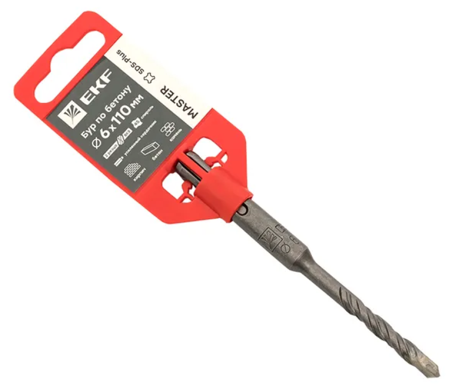 Бур по бетону EKF / ЕКФ Master 2 резца, 4S спираль, из твердого сплава ВК8, диаметром 6мм, длиной 110мм, хвостовик SDS+ / оснастка для инструмента
