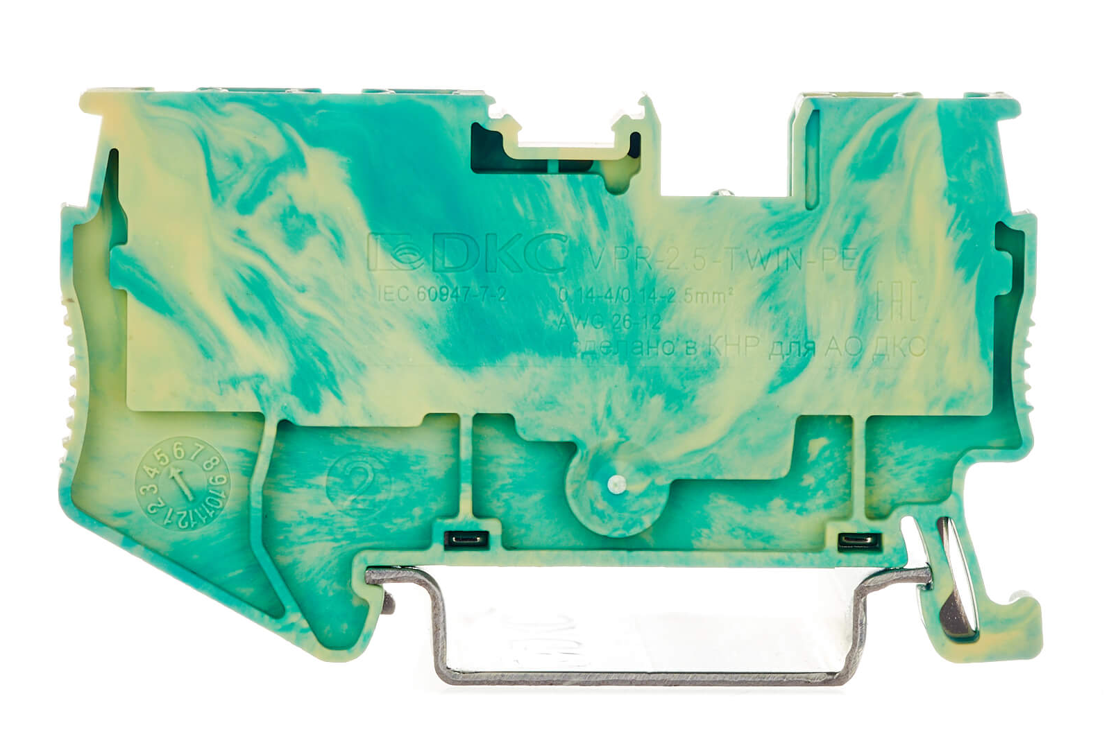 Клемма для проводов DKC / ДКС заземления с зажимом push-in, 3 точки подключения на 2.5кв.мм, термопласт, желто-зеленая, 1шт. / зажим