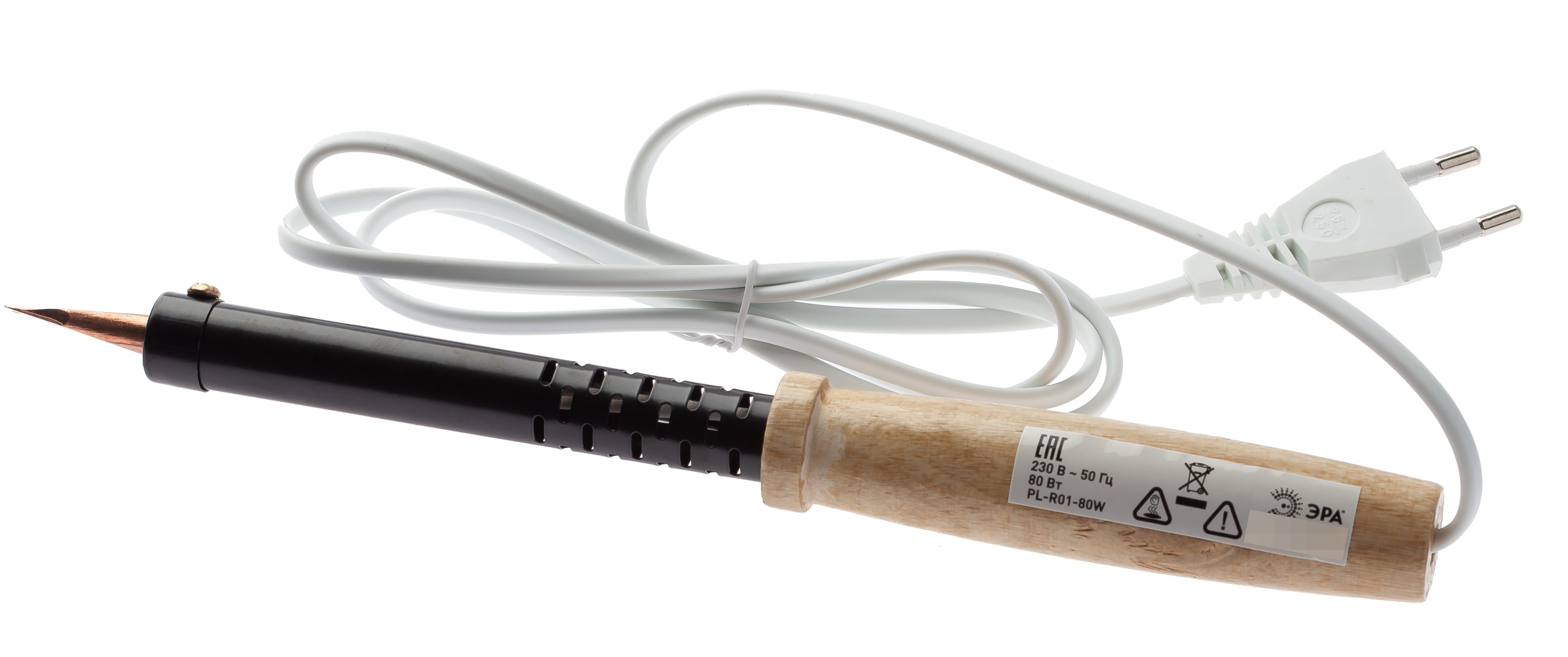 Паяльник электрический ЭРА PL-R01-80W ЭПСН с прямым клином и деревянной рукояткой, 80Вт 230В, нагрев за 540с, Б0046954 / электроинструмент