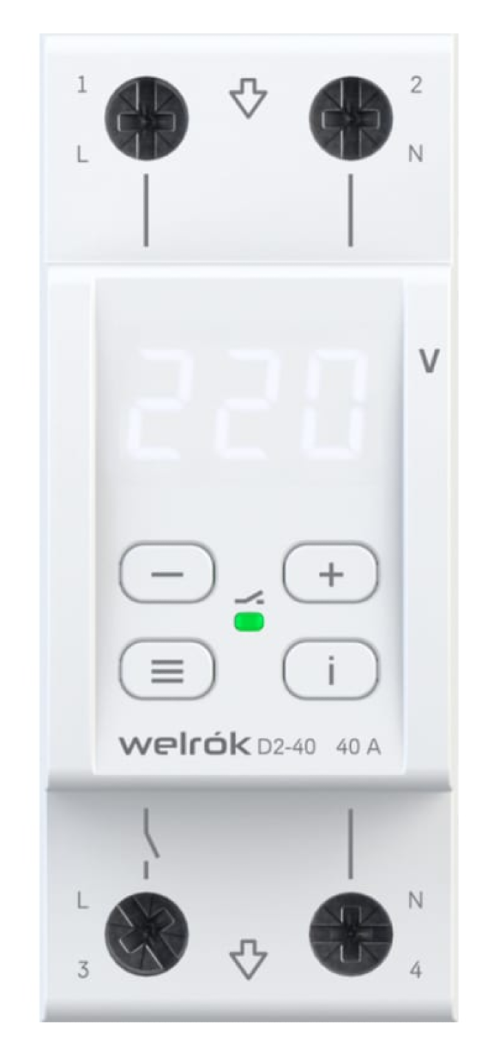Реле напряжения Welrok / Вэлрок D2-40 однофазное с транзитом нуля в корпусе из пластмассы, белый, 40А, 120(280)В / электрика