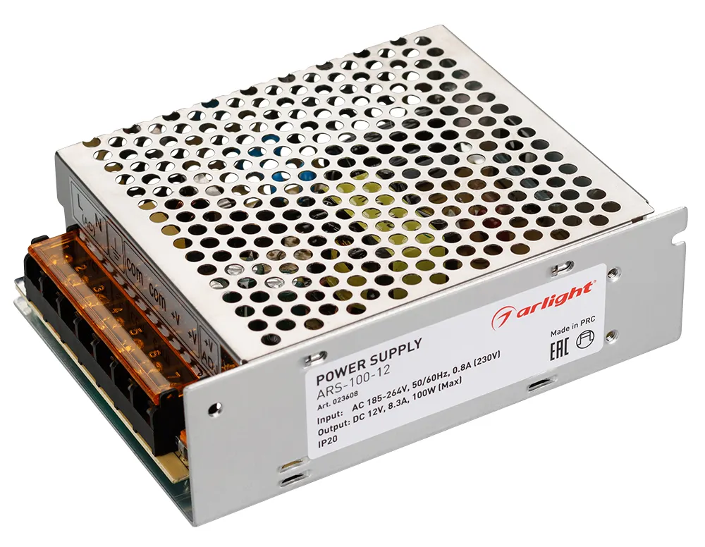 Драйвер Arlight / Арлайт ARS-100-12 для светодиодных изделий, сетка в металлическом корпусе, серый, 130х98х40мм, 8.3А, 100Вт, 12В / блок питания