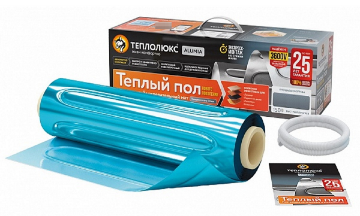 Нагревательный мат Теплолюкс Alumia под ламинат, без терморегулятора, синий, площадь 10кв.м, максимальная мощность 1500Вт / теплый пол электрический