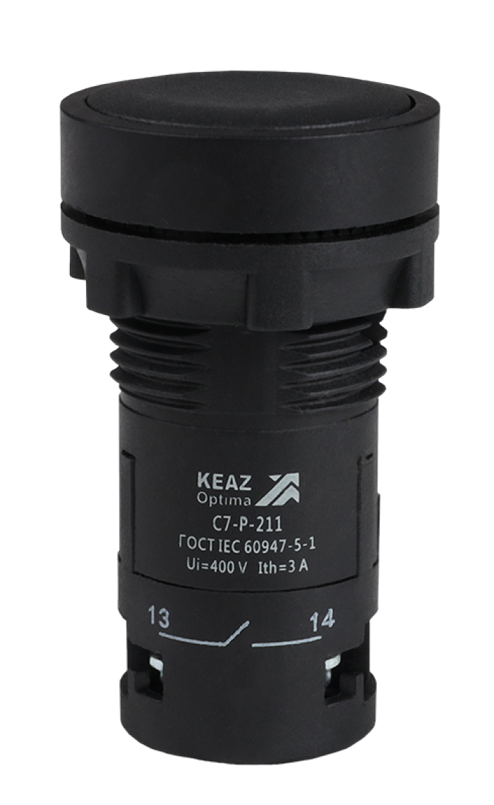 Кнопка управления КЭАЗ OptiSignal Compact D22 C7-P-211, черная, 1НО+1НЗ XB7NA25, IP40, 362043 / кнопочный пост