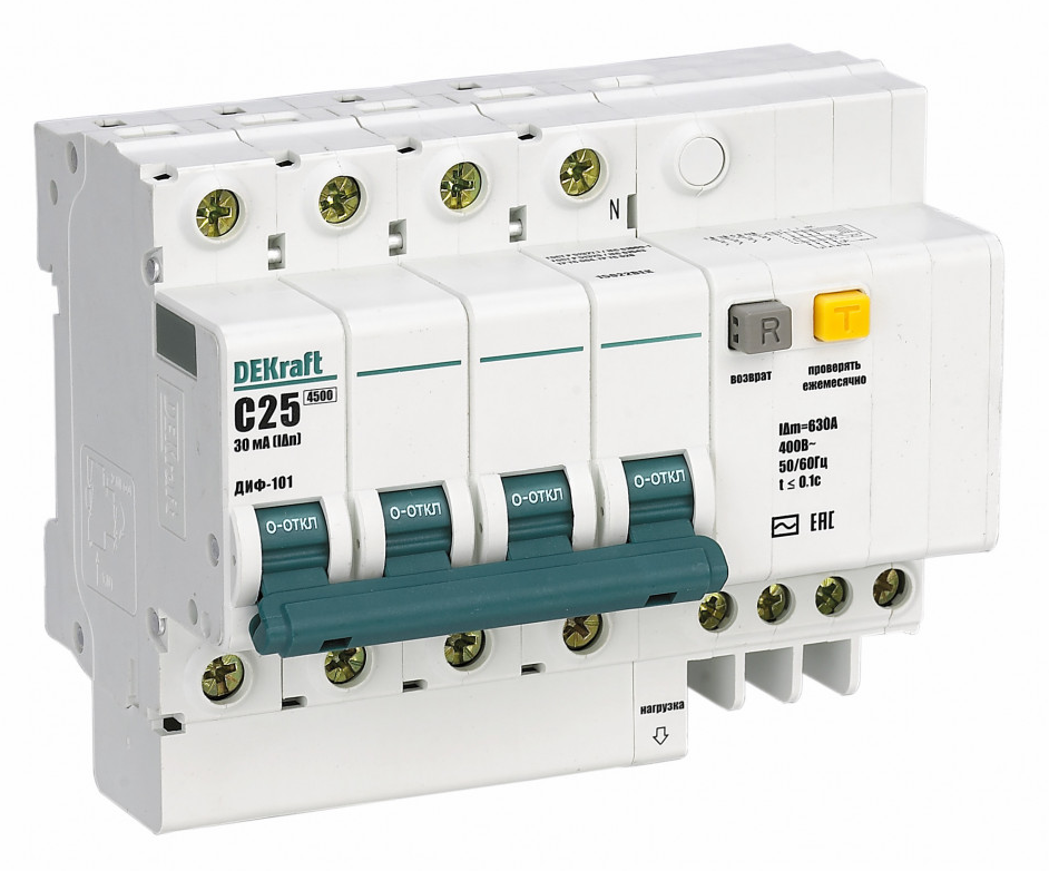 Дифференциальный автомат DEKraft / ДеКрафт ДИФ-101, АВДТ 4P 25А 30мА 4.5Ка, характеристика С тип АС, 15022DEK / автоматический выключатель