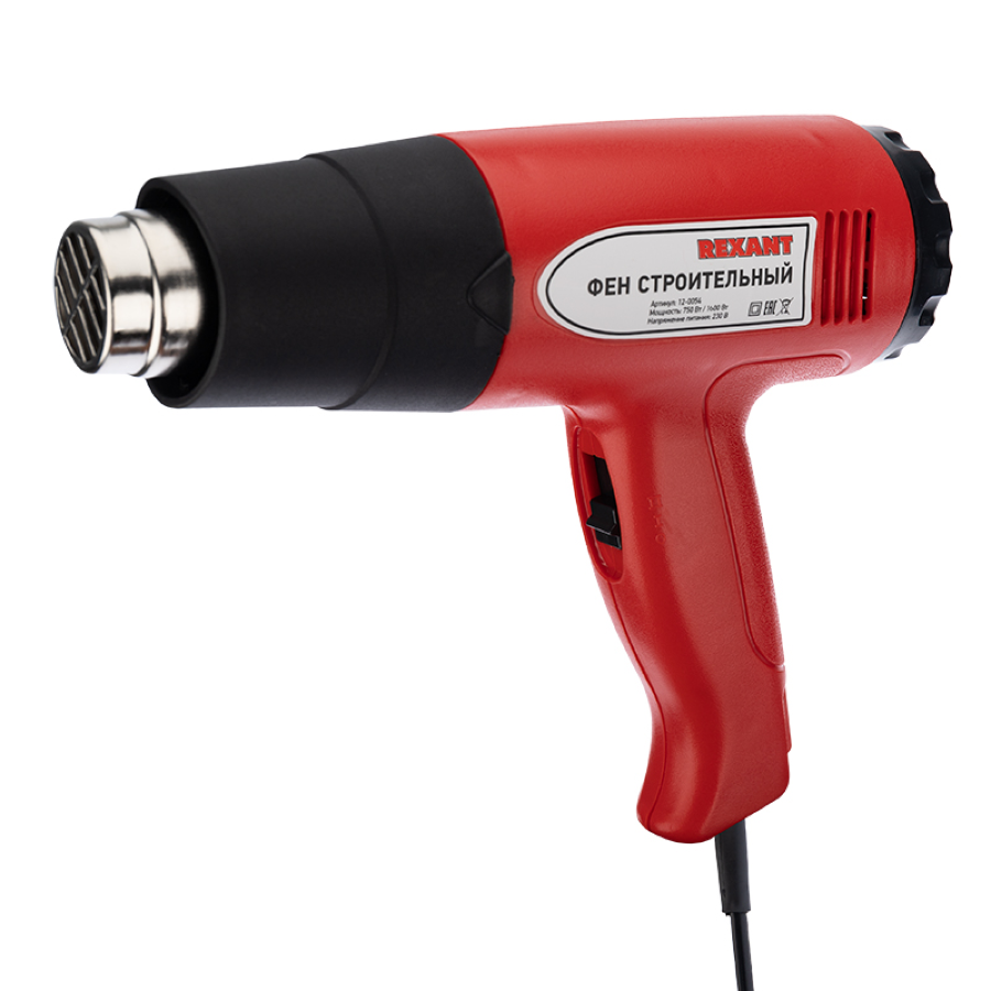 Строительный фен REXANT / Рексант Standard пистолетный, с регулировкой температуры, красный, 600°С, мощностью 1600Вт / инструменты
