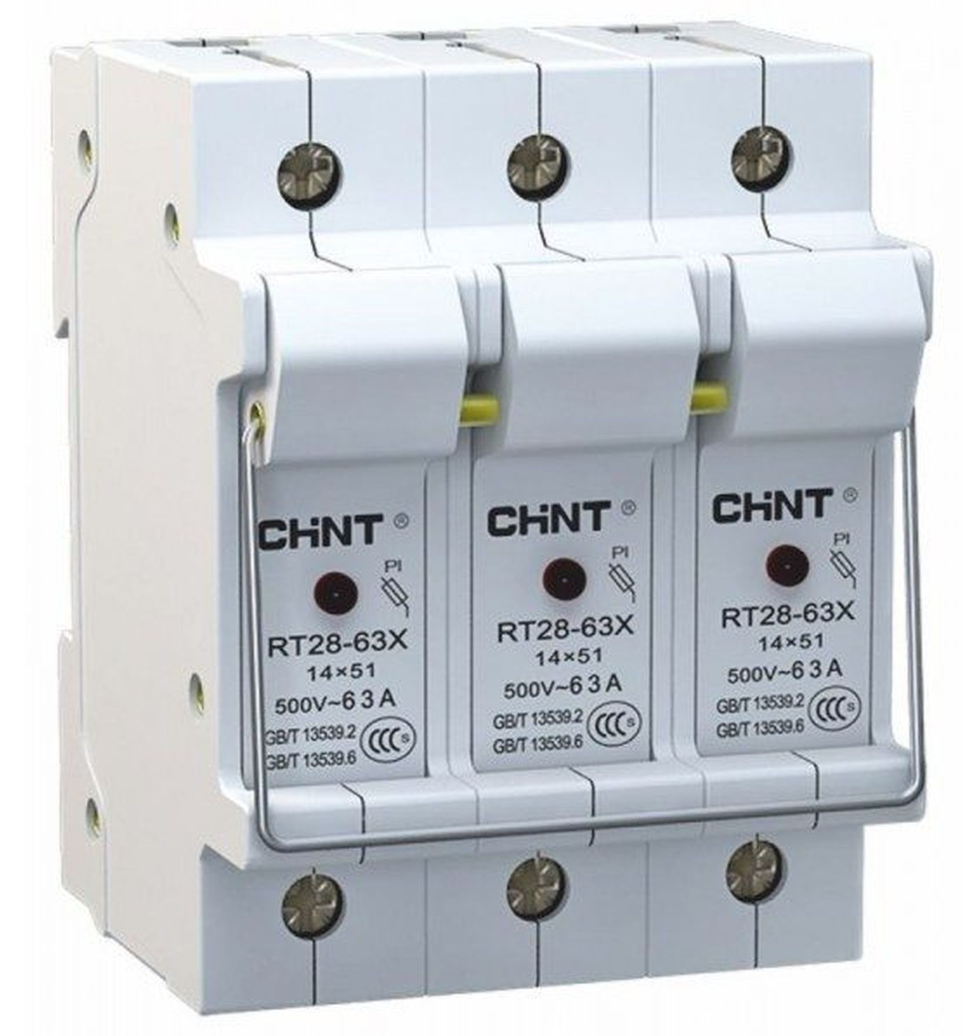 Держатель предохранителя CHINT / Чинт RT28-63X под DIN-рейку с индикацией, 3P, 14х51мм, 63А, переменный (АС), 500В / электрика