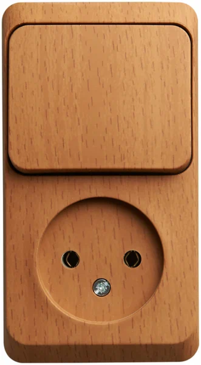 Блок Systeme Electric / Систем Электрик Этюд розетка и выключатель одноклавишный, вертикальный из поликарбоната открытой установки, бук, 250В, 10/16А, размером 113×50мм / электрика