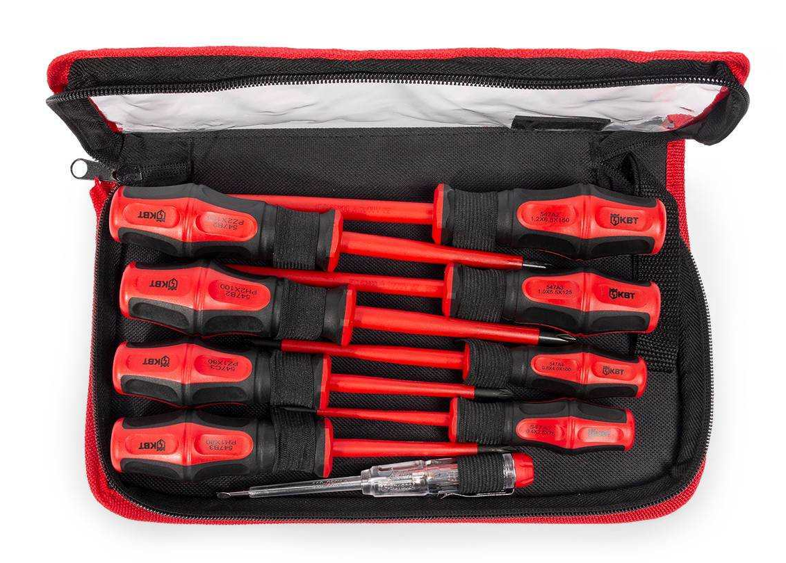 Набор отверток КВТ Профи НИО-09 диэлектрических для работ под напряжением до 1000 В, в тканевом чехле, 9 предметов / инструменты