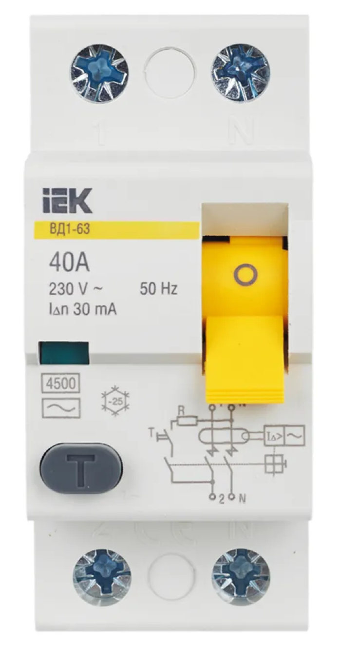 Устройство защитного отключения IEK / ИЭК ВД1-63 двухполюсный, в пластиковом корпусе, белый, 40A 30мА IP20 тип AС, MDV10-2-040-030 / УЗО