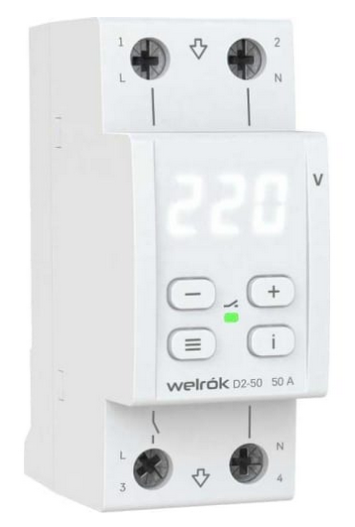 Реле напряжения Welrok / Вэлрок D2-50 однофазное с транзитом нуля в корпусе из пластмассы, белый, 50А, 120(280)В / электрика