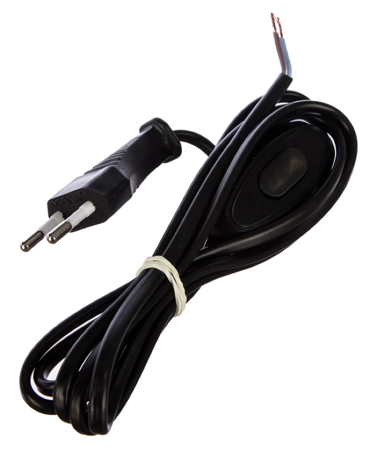 Шнур сетевой UNIVersal / Юниверсал с плоской вилкой и выключателем, без заземления, двухжильный, черный, 2х0.75мм², длиной 1.7м / электрика