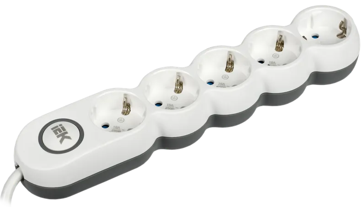 Удлинитель бытовой IEK / ИЭК UNO У05В с заземляющими контактами и выключателем, 16А 250В ПВС 3х1.5мм2, 1.5 метра 5 розеток, белый, WYP53-16-05-D15-ZK