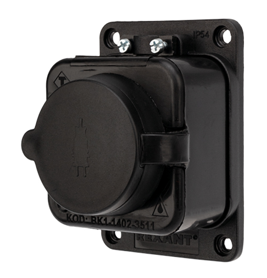 Розетка силовая REXANT / Рексант стационарная с заземлением в корпусе из каучука, черная, 16А 220В, IP54 / электрика