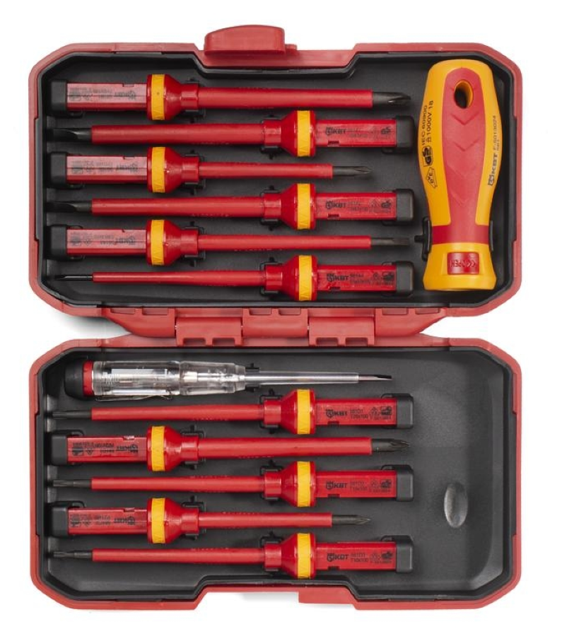 Набор отверток КВТ Профи НИО-4412 диэлектрических со сменными стержнями для работ под напряжением до 1000 В, стандарт VDE, 12 предметов / инструменты