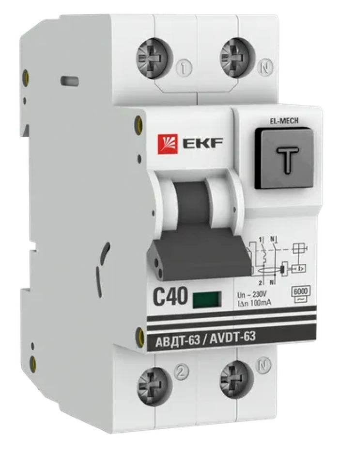 Дифференциальный автомат EKF / ЕКФ PROxima АВДТ-63, 2P 40А 100мА, характеристика С тип AC, 6кА, DA63-40-100em-AC / автоматический выключатель
