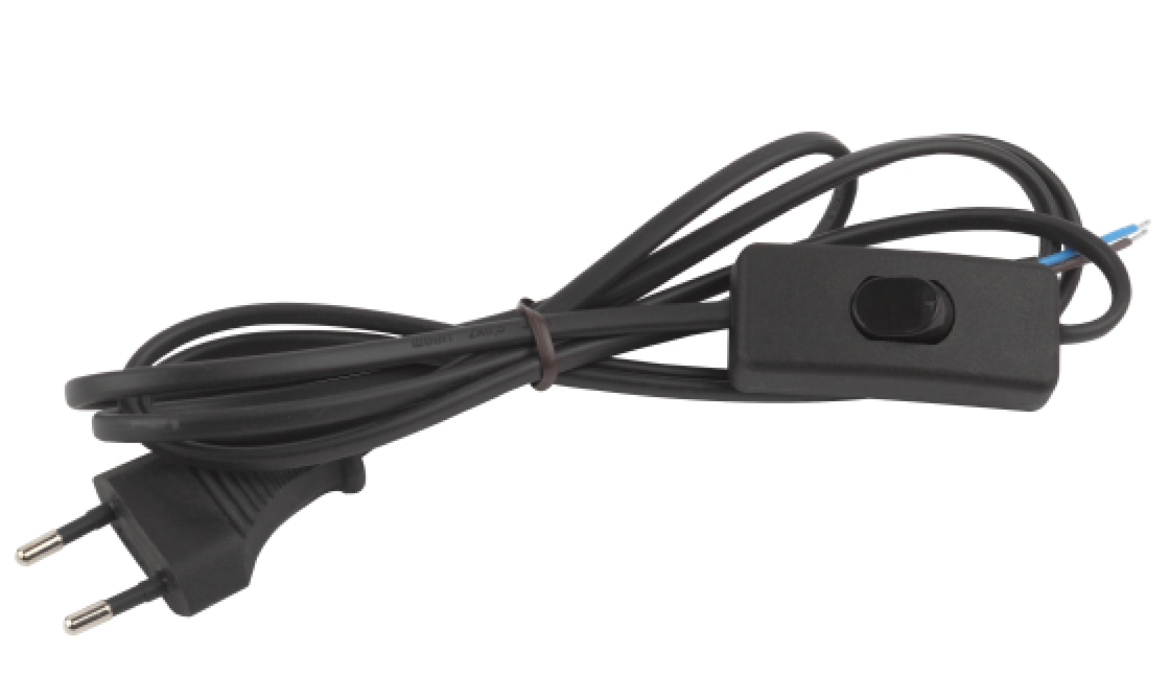 Шнур сетевой ЭРА UX-ШВВП-S-1.8m-B с плоской вилкой и выключателем, без заземления для бра, двухжильный, черный, 2х0.5мм², длиной 1.8м / электрика