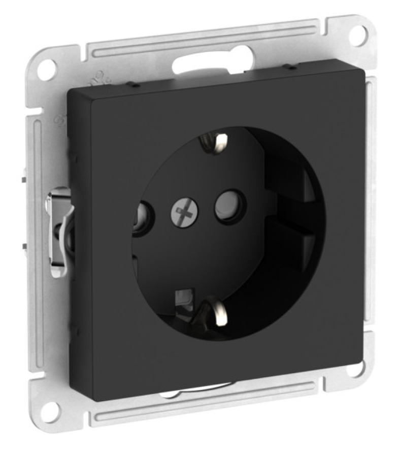 Розетка силовая штепсельная Systeme Electric / Систем Электрик AtlasDesign, 16А 250В IP20, карбон с заземлением и шторками, ATN001045S / электрооборудование