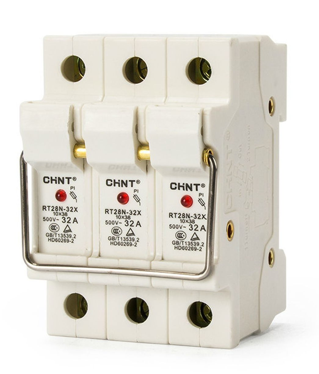 Держатель предохранителя CHINT / Чинт RT28N-32X под DIN-рейку с индикацией, 3P, 10х38мм, 32А, переменный (АС), 500В / электрика