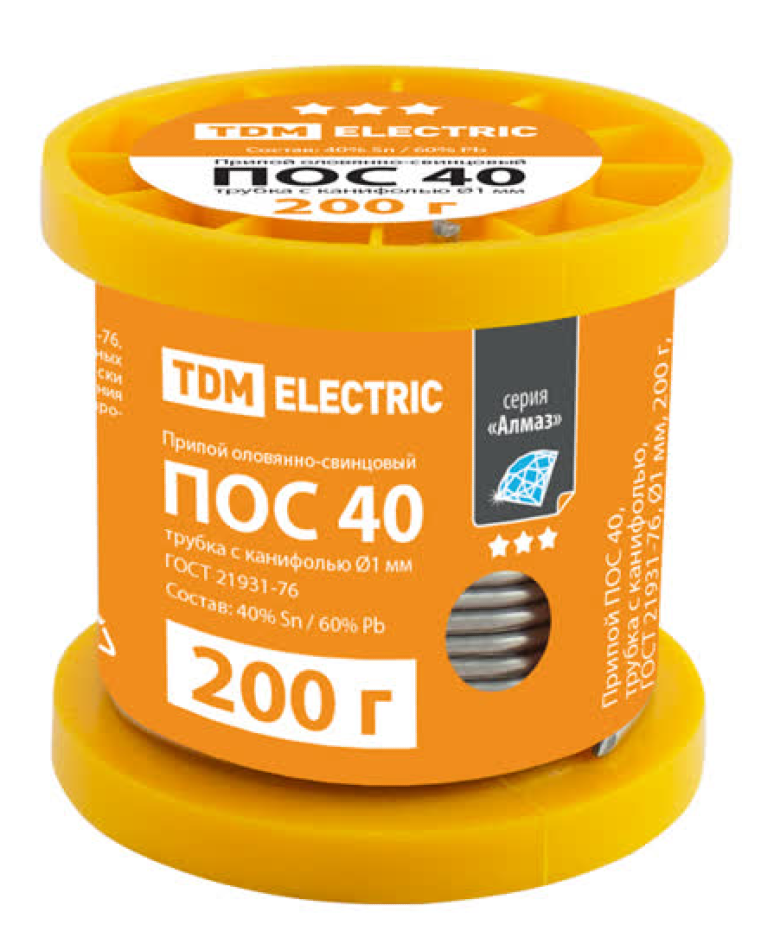 Припой TDM Electric / ТДМ Электрик Алмаз ПОС 40, трубка с канифолью на катушке, Sn40/Pb60, сечение 1мм, температура пайки 238°С / пайка