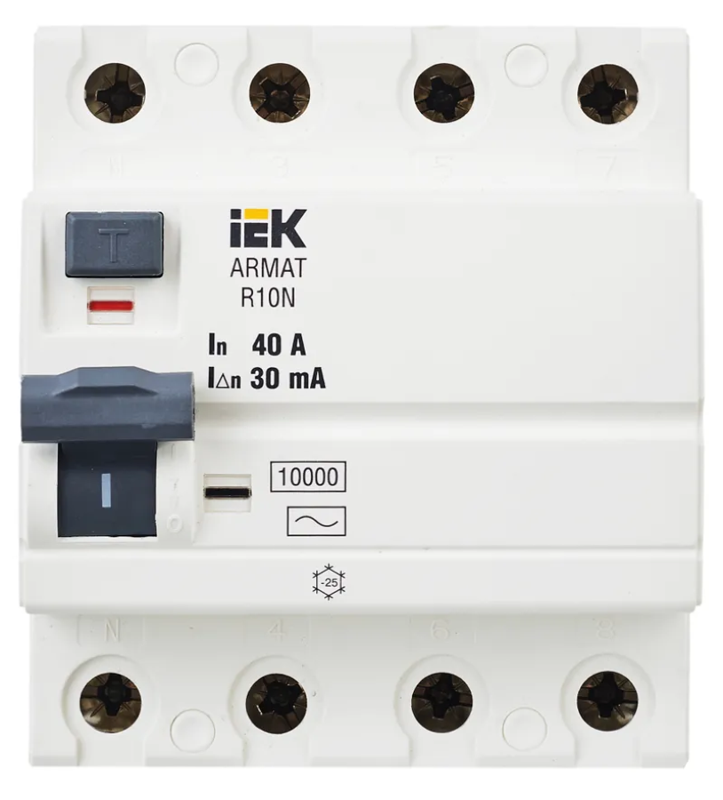 Устройство защитного отключения IEK / ИЭК Armat ВДТ четырехполюсный, в пластиковом корпусе, серый, 40А 30мА, тип АC, IP20, AR-R10N-4-040C030 / УЗО