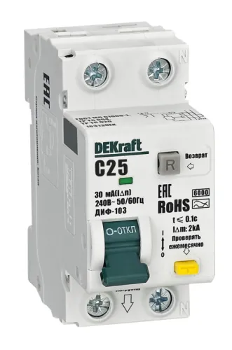 Дифференциальный автомат DEKraft / ДеКрафт ДИФ-103, 1П+N 25А 30мА 6кА, характеристика С тип АС, 16313DEK / автоматический выключатель