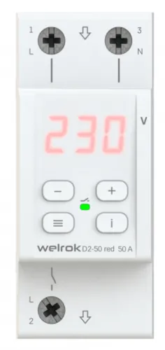 Реле напряжения Welrok / Вэлрок D2-50 red однофазное без транзита нуля в корпусе из пластмассы, белый, 50А, 120(280)В / электрика
