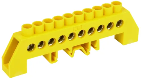 Шина IEK / ИЭК ШНИ-8х12-10-КС-Ж земля в комбинированном DIN-изоляторе типа Стойка, латунь, 112×25×34.5мм, DIN-рейка, 125А, YNN10-812-10DP-K05 / соединитель проводов