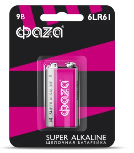 Батарейки кроны Фаzа / Фаза Super Alkaline 6LR61SA-B1 щелочная 9В, 2858412, 1шт. / элемент питания