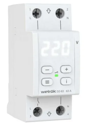 Реле напряжения Welrok / Вэлрок D2-63 однофазное с транзитом нуля в корпусе из пластмассы, белый, 63А, 120(280)В / электрика
