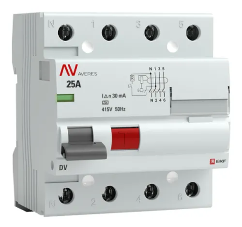 Устройство защитного отключения EKF / ЕКФ Averes DV четырехполюсный, в пластиковом корпусе, белый, 25A 30мА IP20 тип A, rccb-4-25-30-a-av / УЗО