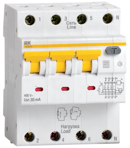 Дифференциальный автомат IEK АВДТ-34 4P 30мА 25А MAD22-6-025-C-30