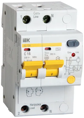 Дифференциальный автомат IEK АД-12М 2P 30мА 50Гц 230В 16А