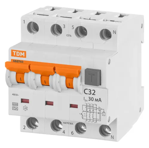 Дифференциальный автомат TDM Electric / ТДМ Электрик АВДТ 63, 3P+N 32А 30мА 400В, характеристика С тип A, 6кА, SQ0202-0019 / автоматический выключатель
