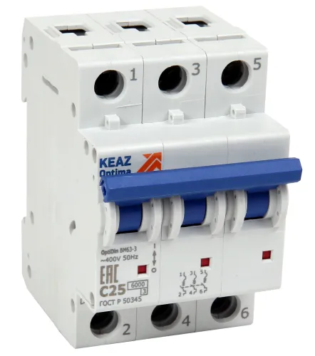 Автоматический выключатель КЭАЗ BM63-3C20-УХЛ3 OptiDin 3P 20А характеристика С 6кА с двумя заглушками, 260793 / электроавтомат