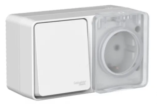 Блок System Electric / Систем Электрик AtlasDesign Profi IP54 розетка и выключатель одноклавишный из поликарбоната, серый, 250В, 10/16А, размером 121×60×56мм / электрика