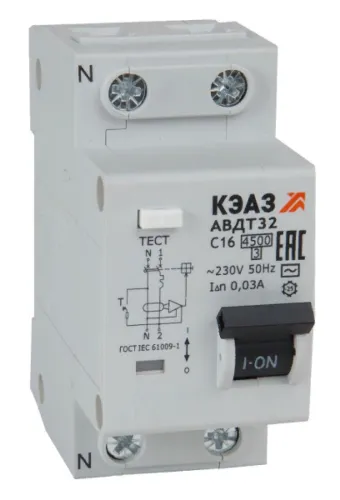 Дифференциальный автомат КЭАЗ АВДТ32-22C16-AC-УХЛ4 с защитой от сверхтоков, 2П 16А 30мА, 318361 / автоматический выключатель