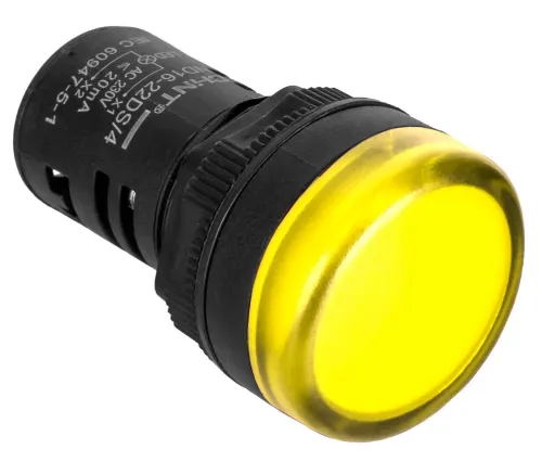 Лампа сигнальная индикаторная CHINT / Чинт ND16-22DS/2 светодиодная, с круглой линзой, желтое свечение, длина 52мм, диаметр отверстия 22мм, 24В, AC/DC, IP40 / индикатор