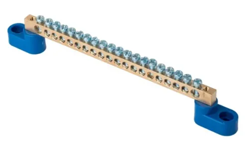 Шина EKF / ЕКФ PROxima 0 N, 6х9мм латунь, 2 синих угловых изолятора, 100А 20 отверстий, sn0-2-63-20 / соединитель проводов
