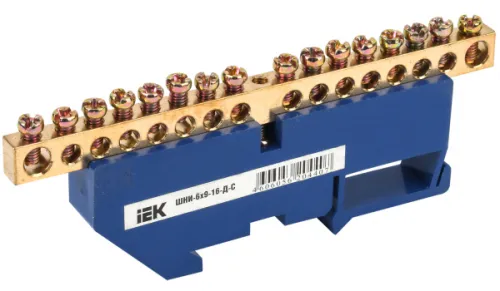 Шина IEK / ИЭК ШНИ-6х9-16-Д-С N нулевая синий изолятор, контактная группа качественная латунь, 116х42х88.5мм, DIN-рейка, 1×16 100А, YNN10-69-16D-K07 / соединитель проводов