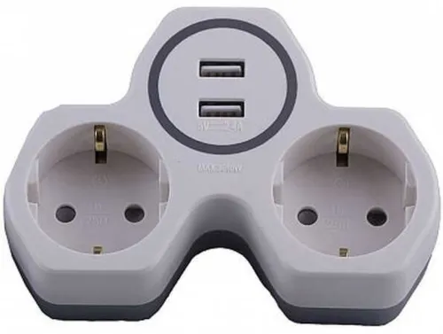 Разветвитель сетевой STEKKER 2 гнезда 2 USB 16А белый 32872