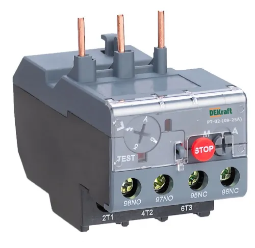 Реле тепловое DEKraft / ДеКрафт РТ-02 для контакторов 09А-25А 12А-18А, пластиковый корпус, серый / электрика