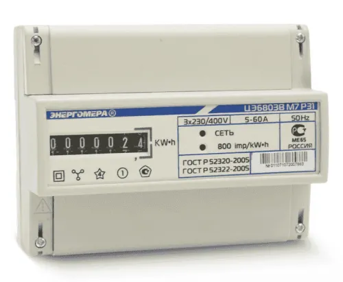 Счетчик электроэнергии Энергомера ЦЭ6803В/1 трехфазный однотарифный для четырехпроводных цепей, М7 Р31 DIN ОУ, 143×110×73мм, 230/400В, 5-60А, 160000ч / электросчетчик