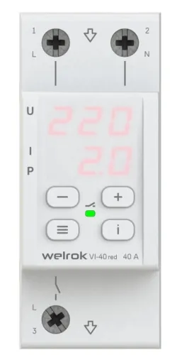 Реле напряжения Welrok / Вэлрок VI-40 red с контролем тока (max 50A) в корпусе из пластмассы, белый, 40А, 120(280)В / электрика