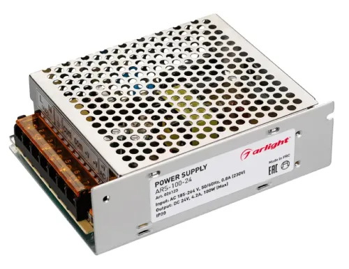 Драйвер Arlight / Арлайт ARS-100-24 для светодиодных изделий, сетка в металлическом корпусе, серый, 130х98х40мм, 4.2А, 100Вт, 24В / блок питания
