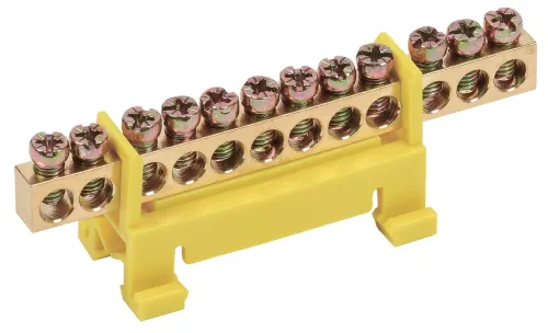 Шина IEK / ИЭК ШНИ-6х9-12-С-Ж, PE земля на DIN-изоляторе типа стойка, латунь, 12 соединений, 85х23х29.6мм, 100А / соединитель проводов